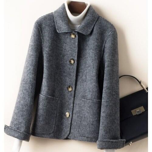 Elegant 100% Wool Coat Female Woolen Jackets Women Clothes Slim Plaid Coat Spring Autumn Overcoat 1907777W751