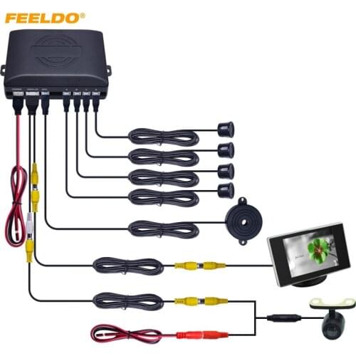 FEELDO 1Set Car 4-sensor Rearview Parking Sensor Reversing System With 3.5inch Monitor and 16.5mm Camera #AM2762