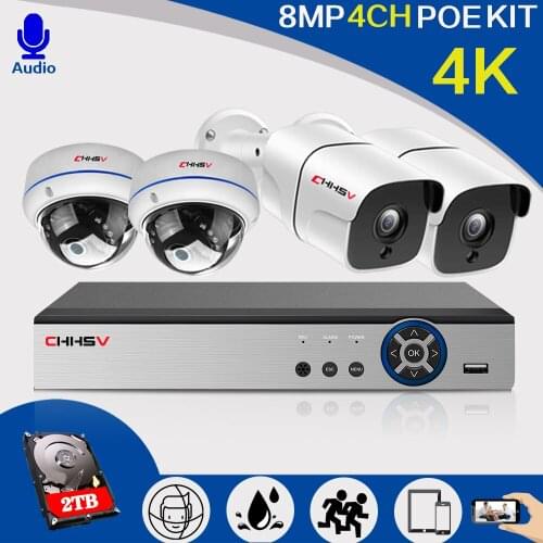 8MP 4K Ultra HD Security Camera System 4ch PoE NVR & 4 PoE IP Bullet Dome Cameras Surveillance 4CH NVR Kit P2P XMEYE