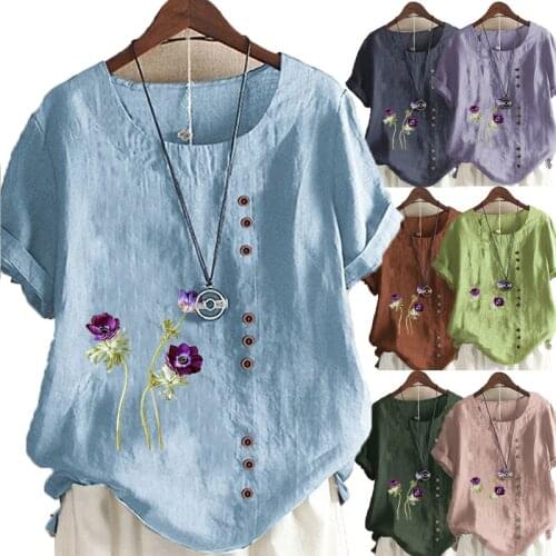New Women Summer Casual Flower Print Loose T-shirts Vintage Round Neck Plus Size Short Sleeve Blouse Tops S-5XL