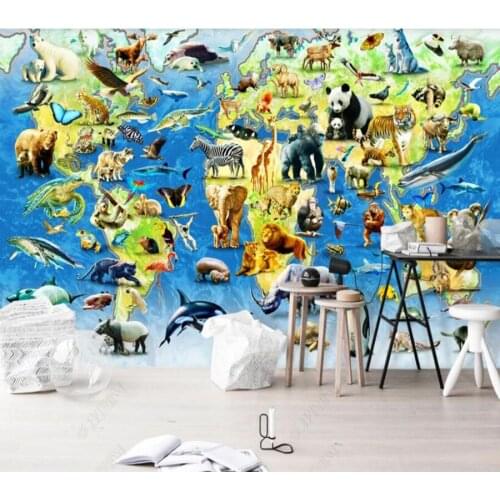 Papel de parede Animal world map childrens room background wall 3d wallpaper children bedroom wall papers home decor