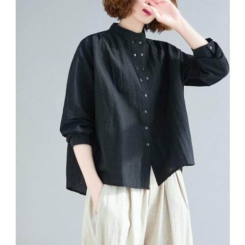 Solid Black Button Women Shirts 2021 Summer New Half Sleeved Loose Casual All Match Female Shirts Outwear Coat Tops