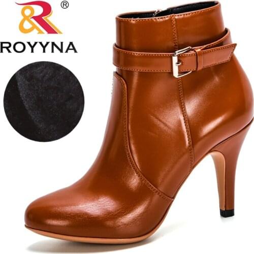 ROYYNA 2020 New Arrival Fashion Style Round Toe Zip High Heels Ladies Shoes Boats Mujer Western Ankle Boots Short Plush Footwear