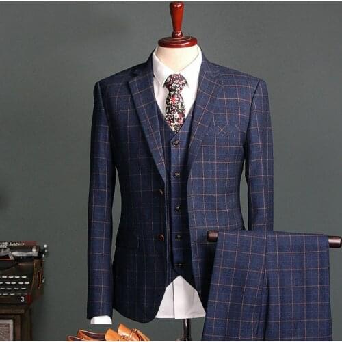 Handsome Blue Check Plaid Men Suits For Wedding Formal Blazers Custom Made 3 Pieces Jacket+Vest+Trousers Tuxedos Prom Dress 2021