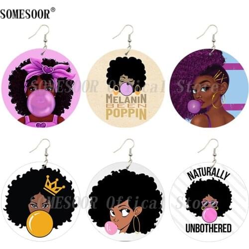 SOMESOOR Cute Poppin Melanin Bubble Girl Wooden Drop Earrings Black Queen Natural Hair Arts Print Wood Hoops For Women Gifts