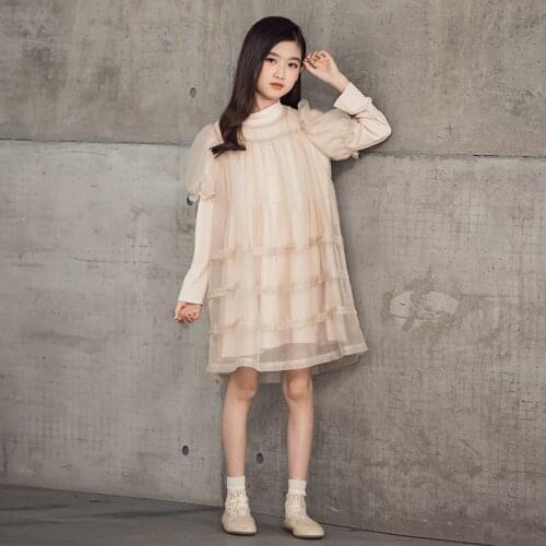 10 12 years Girls Long Sleeve Party Beige Dresses Puff Sleeve faux 2 pieces Elegant Teenage Girls Ceremony Clothes