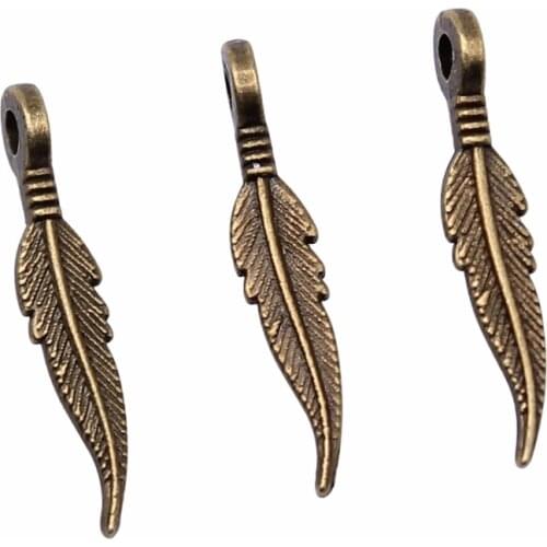 WYSIWYG 50pcs Feather Charms Pendant DIY Jewelry Findings Antique Silver Color Tone 3x16mm