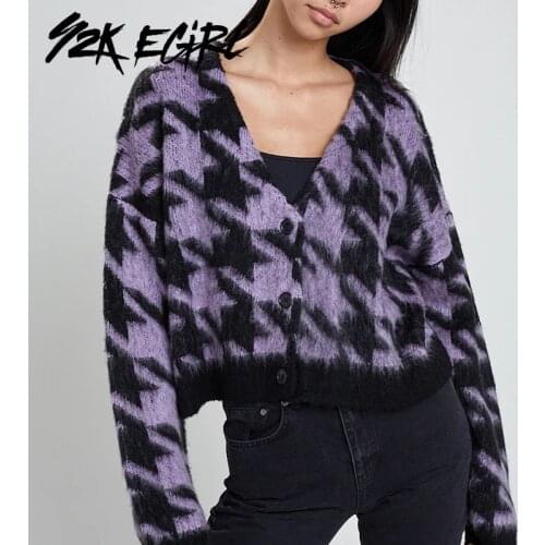 Y2K EGIRL Harajuku Houndstooth Printing Purple Cardigans Punk Style V-neck Single-breasted Long Sleeve Crop Sweaters Aesthetics