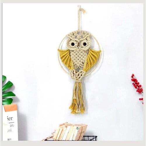 Yellow Red Owl Bohemian Macrame Wall Art Handmade Cotton Wall Hanging Tapestry Tapestry with Tassel Home Wedding Decorati