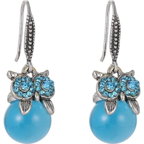 Boutique Retro Silver Color Animal Owl Dangle Earrings For Women Blue Opal Cat Eye Stone Beaded Wedding Earring Fashion Jewelry