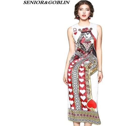 2020 New European Style Spring Summer Fashion Queen Poker Print Runway Dresses Women Sleeveless Party Slits Long Maxi Tank Dress