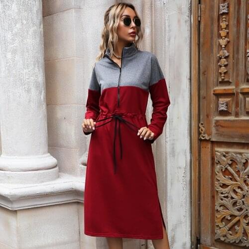 New 2020 Autumn Winter Dress Women Turtleneck Zip Up Long Sleeve Patchwork Lace Up Elastic Waist Side Split Long Party Dress