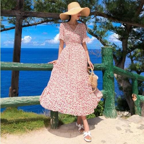 Artfeel New Printed 2 Colors Floral Holiday Style Sexy Vintage dress Women Boho Longuette Chiffon Summer Beach Slim Lady dress