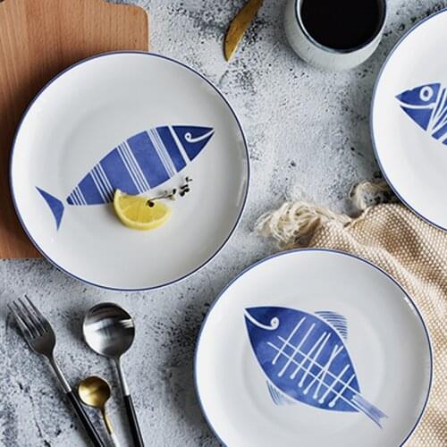 8 Inch Ceramic Flat Plate Bone China Dishes Cute Fish Pattern Porcelain Dinner Plates Salad Dessert Dish Tray Tableware Gift