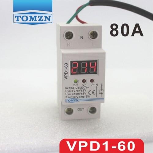 80A 220V automatic reconnect over voltage and under voltage protection protective device relay with Voltmeter voltage monitor