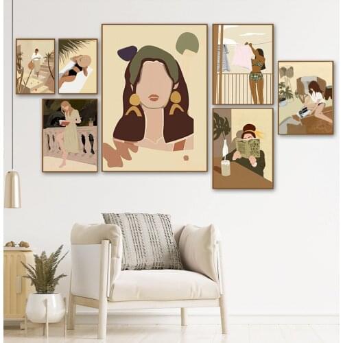 Abstract Boho Girl Monstera Palm Leaf Book Nordic Posters And Prints Wall Art Canvas Painting Wall Picture For Living Room Decor