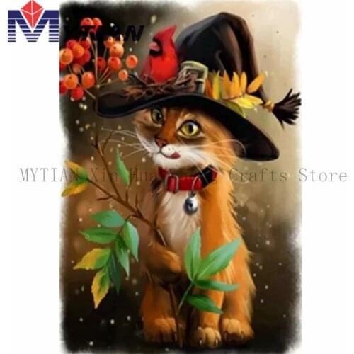 MYTIAN DIY Diamond Embroidery Kitty Cat Witch Hat Cardinal 5D Diamond Painting Art Kit Full Drill Mosaic Cross Stitch Home Decor