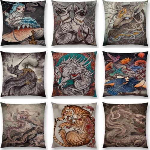 Dark Magic Creatures Mysterious Monster Amazing Fantasy Animals Cat Deer Bird Fox Tiger Snake Cushion Cover Sofa Pillow Case