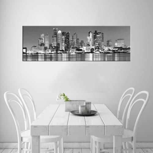 Black And White Panoramic Boston Skyline Modern Wall Art Cityscape Picture Canvas Painting for Room Office Wall Decor Home Decor