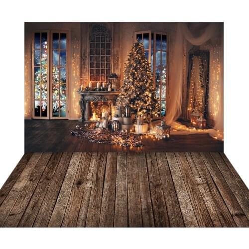 Photography Backdrops Christmas Background Backdrops Cuddle Up Dark Wooden Cozy Cabin Room Window Light Tree Gifts Stove Decor