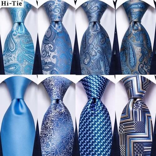 Hi-Tie Light Blue Striped Novelty Silk Wedding Tie For Men Handky Cufflinks Nicktie Set Fashion Design Business Party Dropship