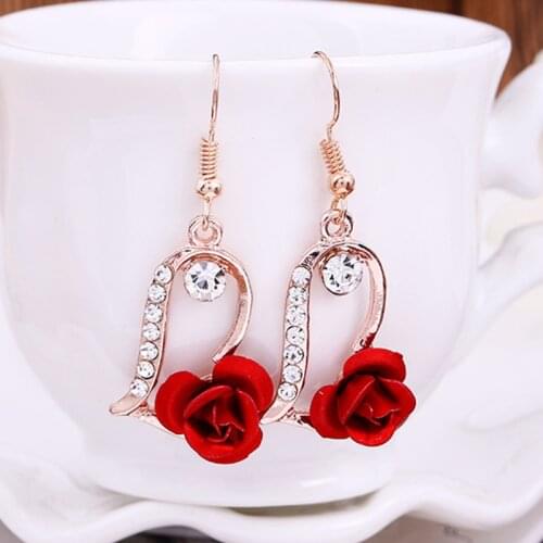 Classic Red Rose Flower Drop Earrings For Women Rhinestone Plant Flowers Earring Bridal Wedding Engagement Party Jewelry
