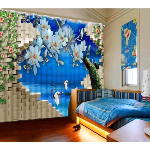 Classic Home Decor Curtain Design 3D Curtain Brick Head Peacock Magnolia Green Leaf Blackout Shade Window Curtains For Bedroom