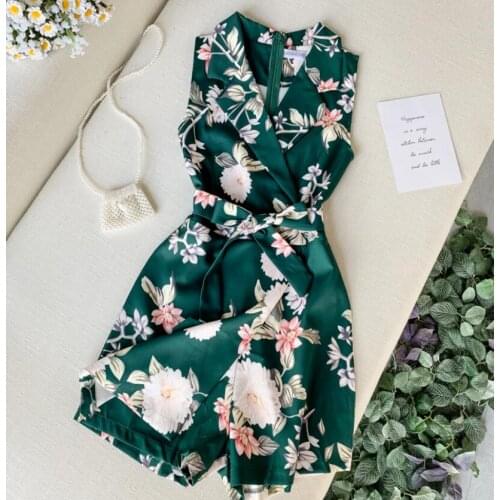 Womens V neck sleeveless Print Playsuits Ladys Vintage Spring Summer Wide leg shorts imitation satin Jumpsuits TB687