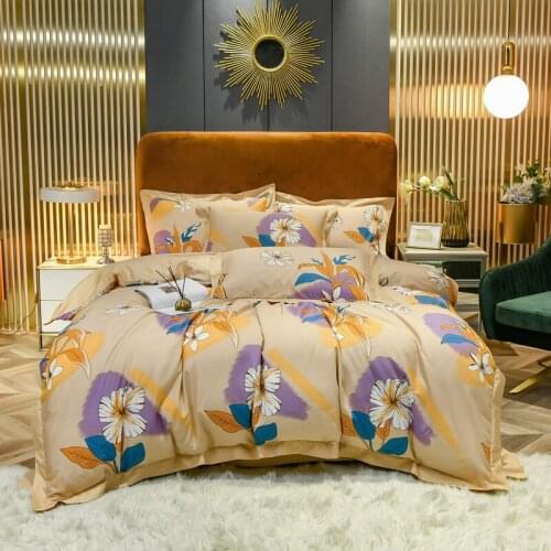 Luxurious 4pcs Satin Cotton Bedding Sets Nordic Printing Duvet Cover Satin Bed Linen Sheets Pillowcase Queen / King Size