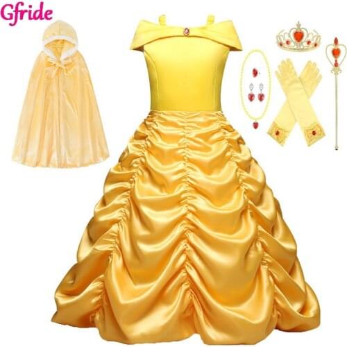 Little Girls Princess Belle Costume For Halloween Kids Long Dress Up Cosplay Costume Kids Fancy Party Dresses Grown Wands Cloak