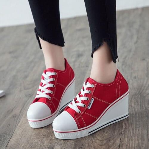 8CM Fashion Women Shoes Woman Casual Shoes Comfortable Lace Up Platform Sneakers Wedges Denim Canvas Shoes Breathable Flat Shoe