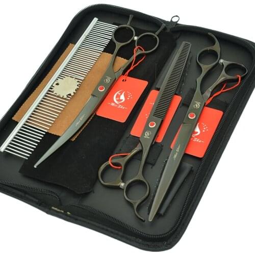8.0 Inch Professional Pet Scissors Set Comb Japan 440C Steel Dog Grooming Shears Animal Straight&Thinning&Curved Scissors HB0256
