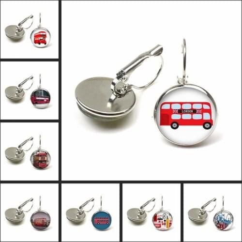 The New 2020 Vintage London Bus earring Bronze Bus Pattern Glass Convex Round earrings London souvenirs DIY Jewelry Gift