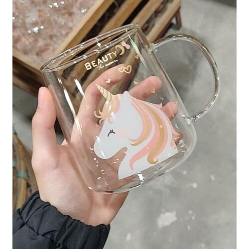 Novelty 3d Lid Cartoon Cute Water unicorn Glass Transparent Drinking Borosilicate Glasses Coffee Milk Juice Drinkware Cup mug