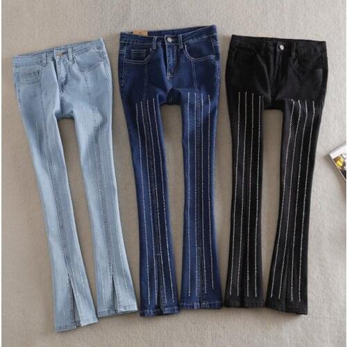 Wholesale fashion brand retro wide leg diamond beading jeans female street style diamond hollow cut split jeans wq2203 dropship