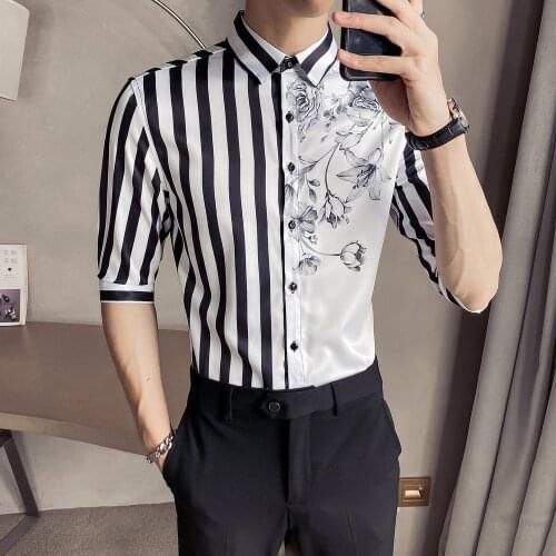 Striped Shirts Men Short Sleeve Slim Streetwear Casual Shirt Social Party Nightclub Blouse Business Dress Clothing Chemise Homme