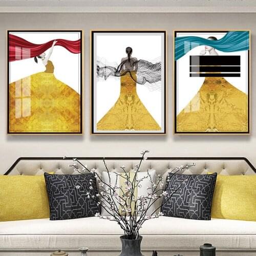 Nordic Figure Living Room Background Decoration Painting Abstract Yellow Black Skirt Beauty Girl Canvas Sofa Wall Picture Poster