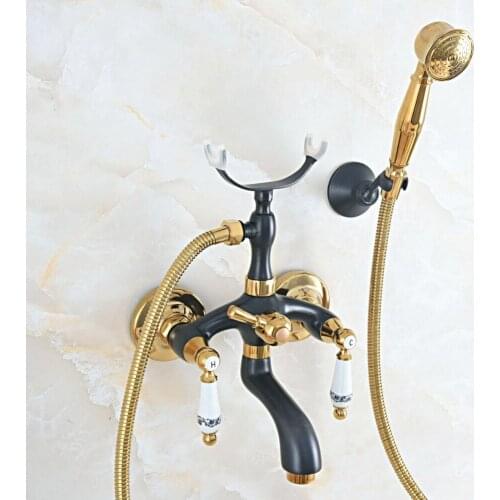 Black Oil Rubbed & Gold Brass 2 Handle Wall Mount Bathroom Bath Tub Faucet Set with 1.5M Hand Held Shower Spray Mixer Tap 2na550