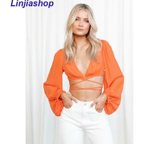 Lantern Bandage Fashion Tank Top Sexy Womens Crop Tops Solid V-Neck Lace Up Exposed Navel Summer Ladies Camis