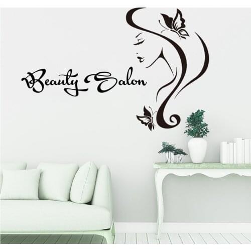 Beauty Salon Modern Woman Butterfly Window Wall Sticker Manicure Makeup Nail Salon Shop Glass Wall Decal Vinyl Decor P434