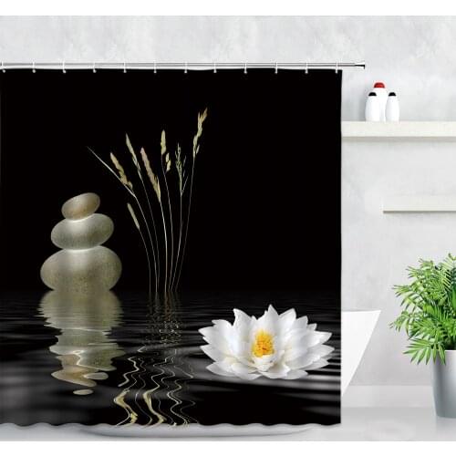 Waterproof Bathroom Shower Curtain Zen Stone Grass White Lotus Reflection Water Black Background Printing Bathtub Decor Curtains
