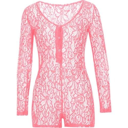 2021 Sexy Women Lace Romper Ladies Bodycon Jumpsuit V-neck Boduycon Button Long Sleeve Leotard Playsuit Bodysuit Homewear