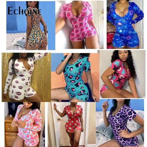 Echoine Women Sexy adult Onesies Jumpsuit Sleepwear Print Floral Shorts Sleeve V Neck Bodycon Bodysuit Rompers Pants Overalls