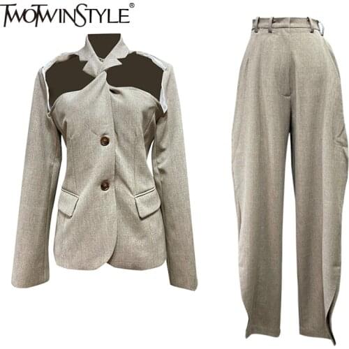 TWOTWINSTYLE Casual Two Piece Set Women Notched Cut Out Long Sleeve Coat High Waist Pockets Fashion Pants Womens Set 2021 Style