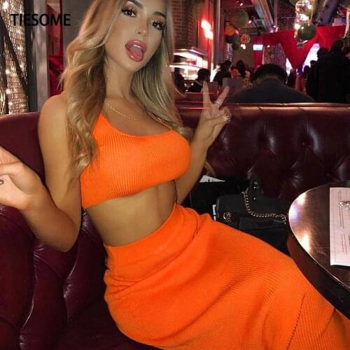 TIESOME Casual Two Pieces Women Sets Sexy Slim Short Tank Top With Skirts Summer Sleeveless Tee And Long Skirts Female Two piece