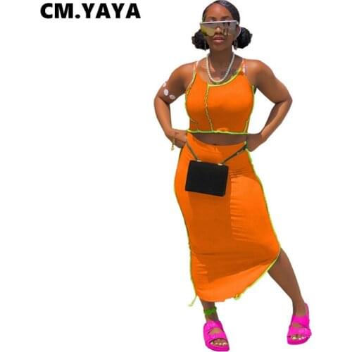 CM.YAYA Active Patchwork Slit Midi Maxi Skirts Set for Women Tracksuit Fashion Tank Tops Matching Two Piece Set Outfits 2021
