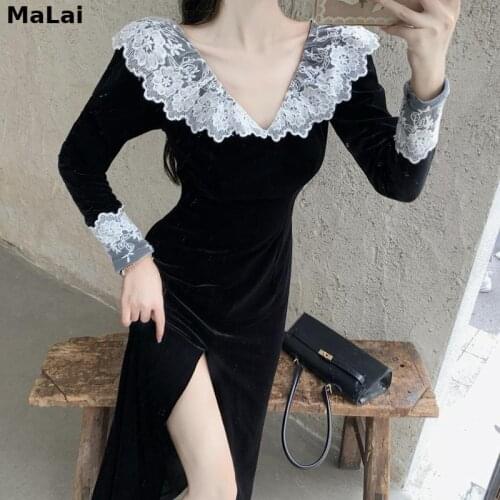Women V-Neck Lace Midi Black Party Dress Elegant Vintage Dress Female Autumn 2021 Korean Fashion Velvet Sexy Dresses