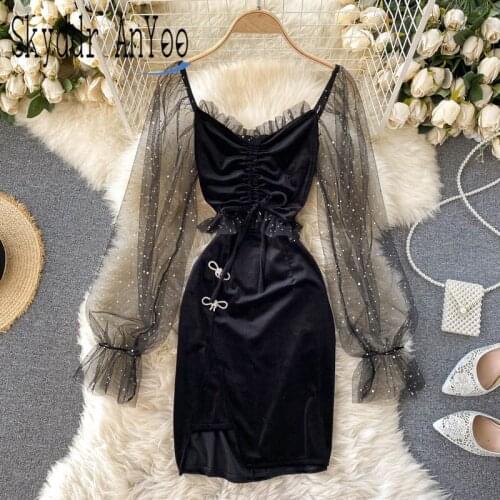 Women Autumn Winter Velvet Black Dress 2021 Bodycon Mesh Long Sleeve Hollow Out Pleated Slim Sexy Party Dresses Tunic