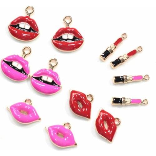 10pcs/pack SEXY mouth Lipstick Enamel Charms Gold color 12*15mm pendants jewelry making Handmade craft