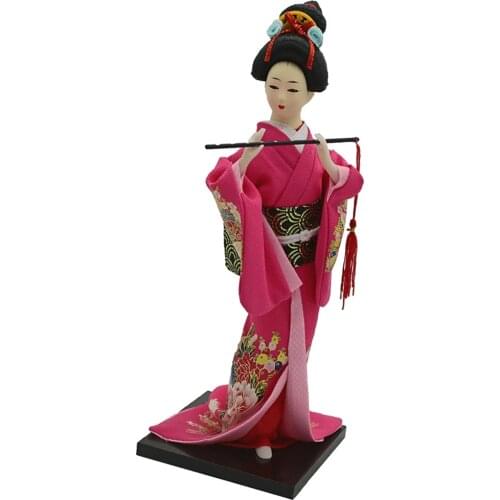 12inch Ancient Japanese Lady Figurine Geisha Doll In Rose Red Kimono W/ Fan